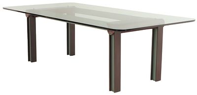 A CUSTOM ART DECO INSPIRED TABLE IS COMPRISED OF A GLASS TOP AND A MIXED METAL BASE. A custom 