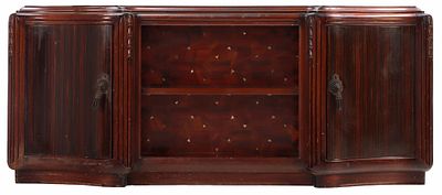 FRENCH ART DECO DESK BY LOUIS MAJORELLE IN MAHOGANY WITH MACASSAR EBONY VENEER, CUBIST PANEL. Fre 