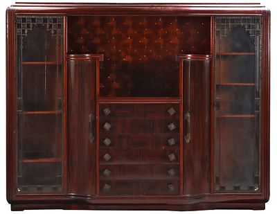 FRENCH ART DECO CABINET BY LOUIS MAJORELLE IN MAHOGANY WITH MACASSAR EBONY VENEER, CUBIST PANEL. 