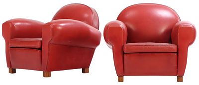 PAIR OF FRENCH RED VINYL ART DECO CLUB CHAIRS C 1940. Pair of French red vinyl Art Deco club 