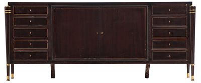 FRENCH MACASSAR EBONY BRASS MOUNTED AND INLAID SIDEBOARD BY MAURICE RINCK C 1940. BRANDED ON. Fre 