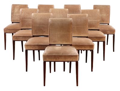 TEN FRENCH UPHOLSTERED DINING CHAIRS WITH RECENT FABRIC C 1940. Ten French upholstered dining 