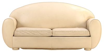FRENCH ART DECO TWO-PLACE SOFA BED BY RENE DROUET, CIRCA 1960, WITH ORIGINAL WHITE LEATHER. Fren 