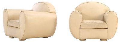 PAIR OF FRENCH ART DECO CLUB CHAIRS BY RENE DROUET, CIRCA 1960, WITH ORIGINAL WHITE LEATHER. Pai 