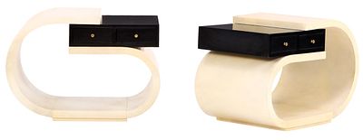 PAIR OF BENTWOOD PARCHMENT COVERED TABLES HAVING EBONIZED DRAWERS. Pair of bentwood parchment 