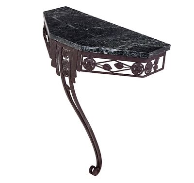 A FRENCH PAINTED IRON MARBLE TOP ART DECO CONSOLE TABLE C 1930. A French painted iron marble 