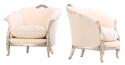 PAIR FRENCH ART DECO SILVER LEAF LOUNGE CHAIRS C 1930 WITH NEW FABRIC. Pair French Art Deco 