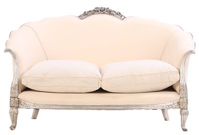 FRENCH ART DECO SILVER LEAF SETTEE C 1930 WITH NEW FABRIC. French Art Deco silver leaf settee C 