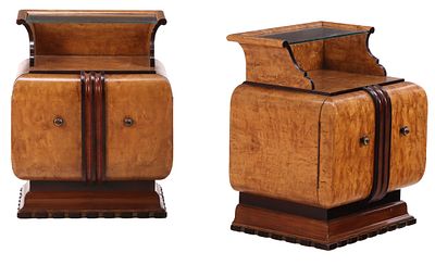 PAIR OF BIRDSEYE MAPLE AND WALNUT ART DECO CABINETS OR NIGHT STANDS HAVING GLASS SHELVES AND. Pai 