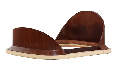 ROSEWOOD AND LEATHER QUEEN SIZE BED C 1980 IN THE MANNER OF JULES LELEU. Rosewood and leather 