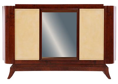 FRENCH ART DECO AMBOYNA SERVER HAVING TWO PARCHMENT COVERED DOORS WITH AN OPEN MIRRORED. French 