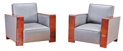 PAIR OF FRENCH ART DECO CLUB CHAIRS IN WALNUT AND LEATHER WITH OSTRICH SKIN TEXTURE. Pair of 