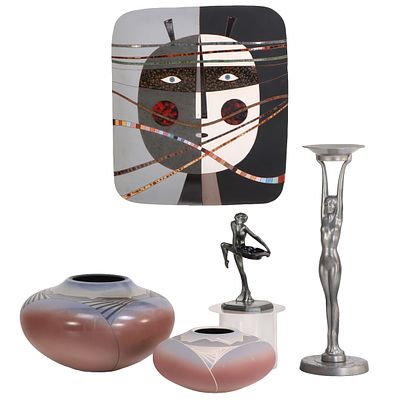 FIVE DECORATIVE OBJECTS INCLUDING LARGE LOUIS MENDEZ CERAMIC MASK, 2 AMY SARDNER CERAMIC POTS,. F 
