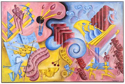 LAWRENCE H SIN "ARTS OF THE CINEMA" LARGE FORMAT ART DECO PERIOD PAINTING, OIL ON CANVAS, SIGNED. 