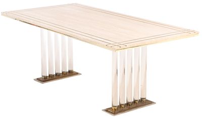 FRENCH TRAVERTINE TABLE HAVING BRASS INLAY RESTING ON LUCITE LEGS C 1970. French travertine 