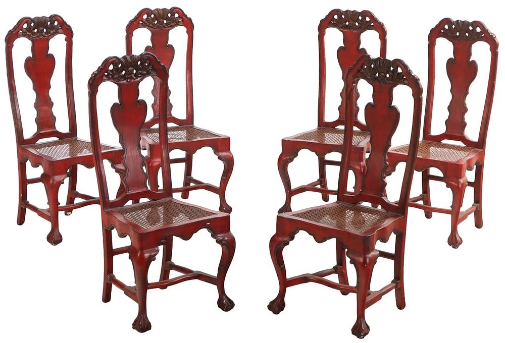 SIX PAINTED AND CARVED PORTUGUESE DINING CHAIRS. Six painted and carved Portuguese dining 