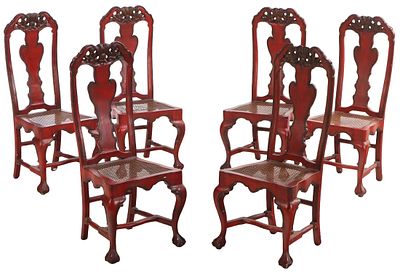 SIX PAINTED AND CARVED PORTUGUESE DINING CHAIRS. Six painted and carved Portuguese dining 