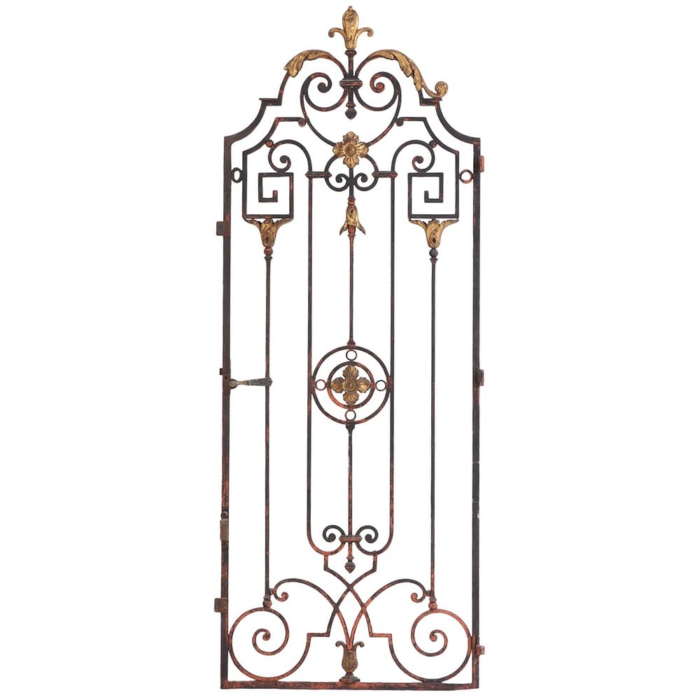 FRENCH SINGLE PAINTED AND GILT IRON GATE HAVING A NICE OLD SURFACE AND FINE DETAILS C 1900. Fren 
