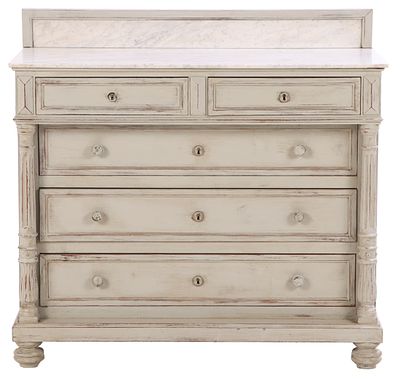 FRENCH PAINTED MARBLE TOP DRESSER HAVING FLUTED COLUMNS AND A SMALL MARBLE BACK SPLASH C 1890. F 