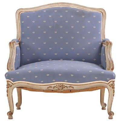 FRENCH PAINTED MARQUIS IN THE LOUIS XV STYLE C 1900. French painted marquis in the Louis XV 