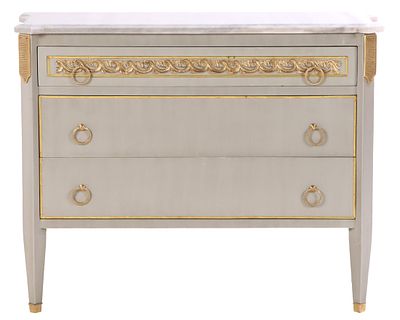 PAINTED MARBLE TOP BRONZE MOUNTED COMMODE IN THE LOUIS XIV STYLE. Painted marble top bronze 