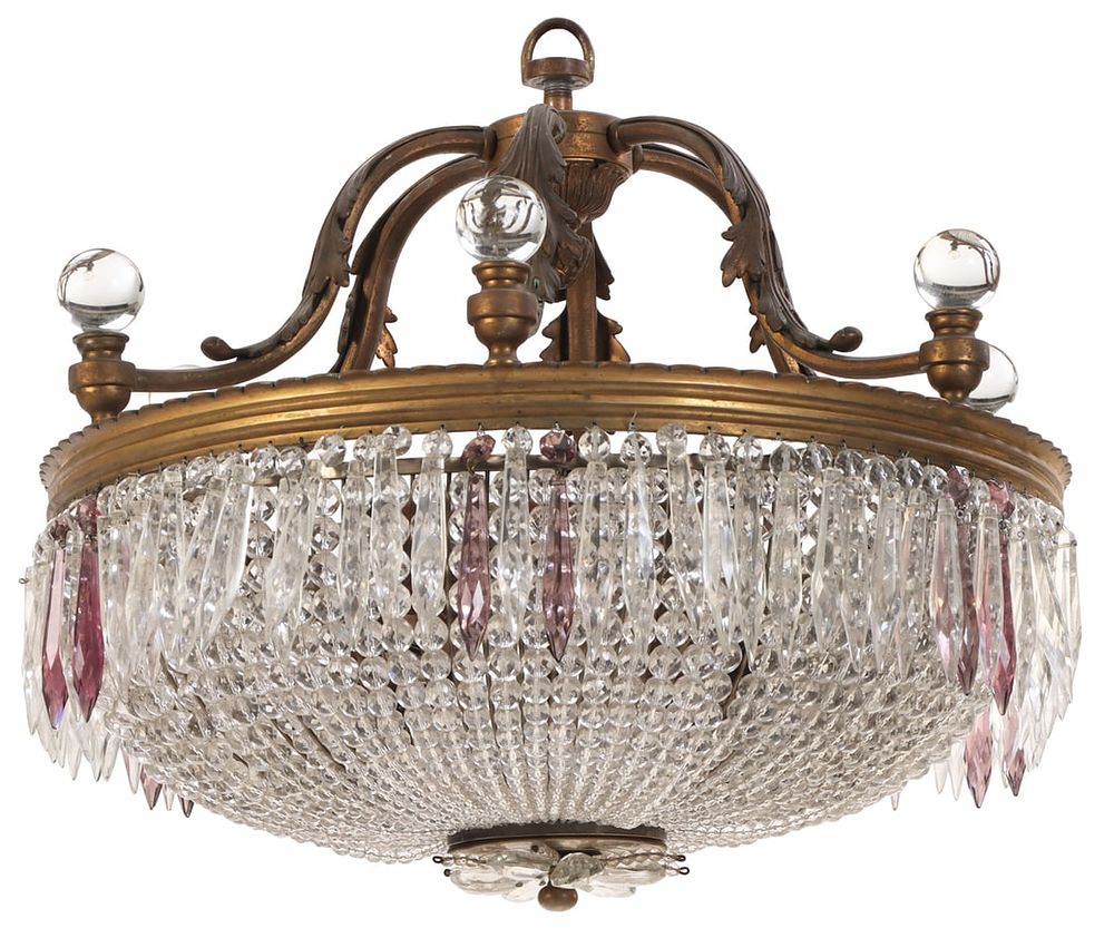 FRENCH BRASS AND CRYSTAL CHANDELIER HAVING UNUSUAL ROUND CRYSTAL BALL DECORATION C 1910. French 