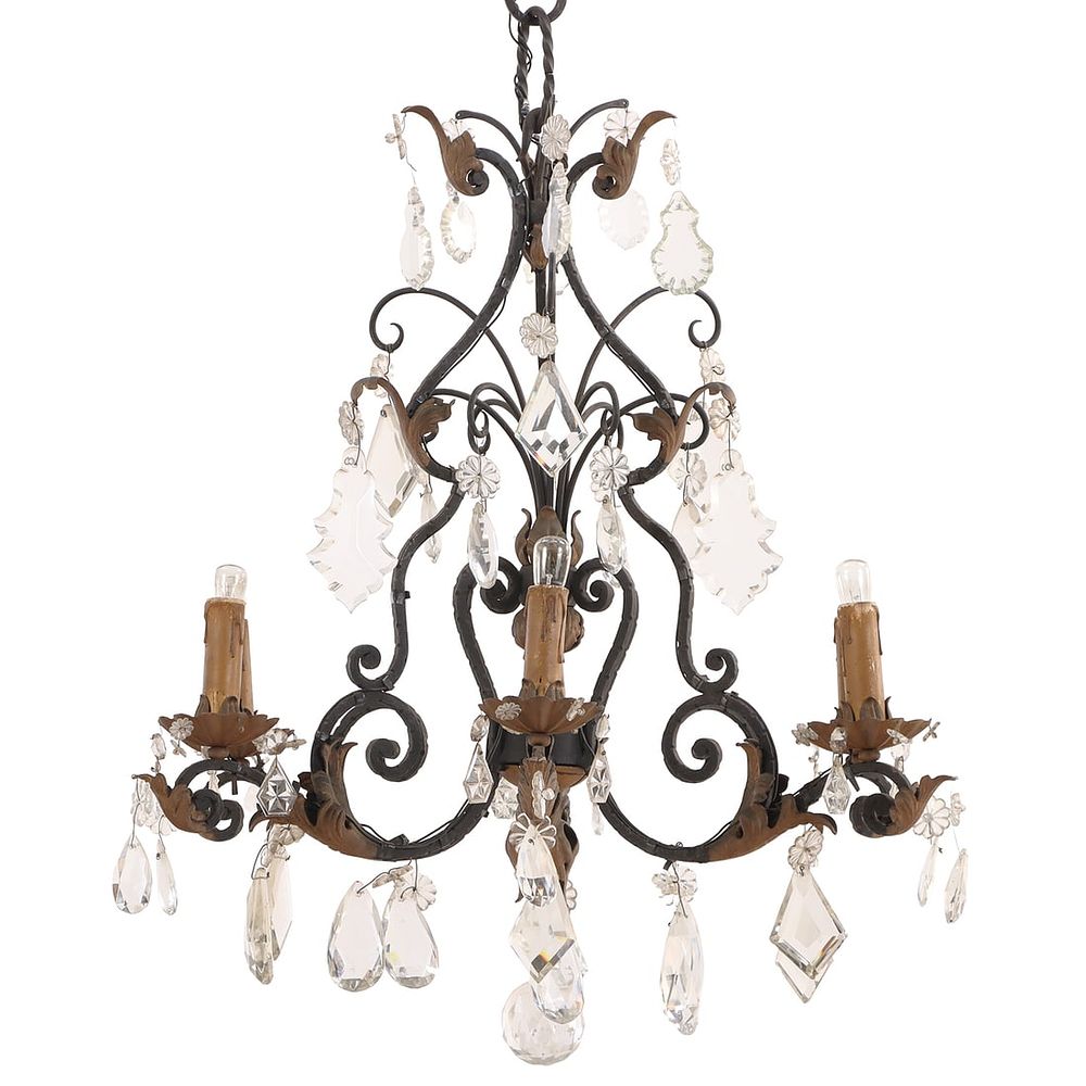 SIX ARM FRENCH IRON AND CRYSTAL CHANDELIER C 1910. Six arm French iron and crystal chandelier C 