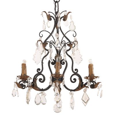 SIX ARM FRENCH IRON AND CRYSTAL CHANDELIER C 1910. Six arm French iron and crystal chandelier C 