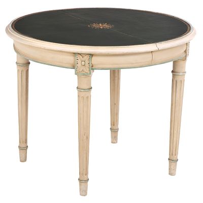 PAINTED FRENCH DINING TABLE HAVING A GILT EMBOSSED LEATHER TOP, TWO ORIGINAL LEAVES C 1945. Pain 