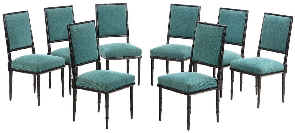 EIGHT EBONIZED FAUX BAMBOO DINING CHAIRS IN THE MANNER OF BILLY HAINES C 1950. Eight ebonized 