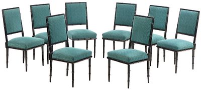 EIGHT EBONIZED FAUX BAMBOO DINING CHAIRS IN THE MANNER OF BILLY HAINES C 1950. Eight ebonized 