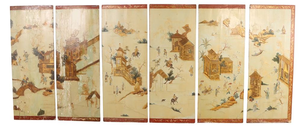 SIX EARLY NINETEENTH CENTURY PAINTINGS ON WOOD PANELS WITH ASIAN MOTIFS. Six early nineteenth 