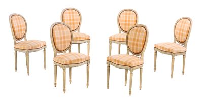 SIX PAINTED FRENCH OVAL BACK DINING CHAIRS IN THE LOUIS XVI STYLE C 1940. Six painted French 
