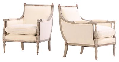 PAIR OF FRENCH LOUIS XVI STYLE PAINTED GREY UPHOLSTERED BERGERE CHAIRS HAVING NEW FABRIC C. Pair 