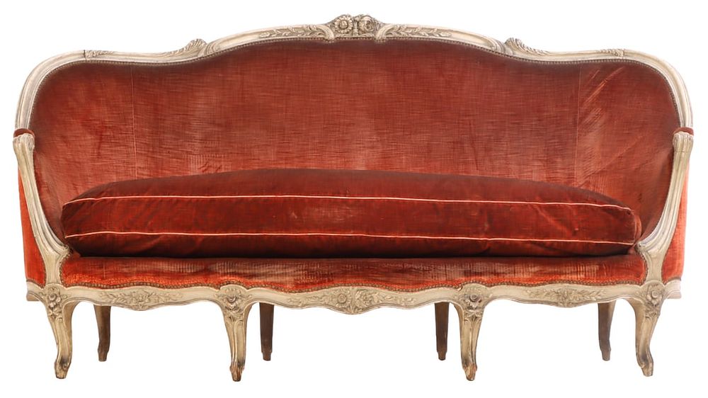 LOUIS XV STYLE PAINTED AND CARVED FRENCH SOFA C 1900. THE FINELY CARVED FRAME HAVING SUNFLOWERS IN. 