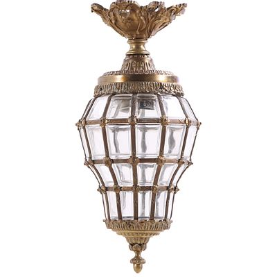 BRONZE AND GLASS LANTERN C 1940 IN THE VERSAILLES PATTERN. Bronze and glass lantern C 1940 in 