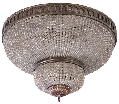 FRENCH BRONZE AND CRYSTAL CEILING MOUNT LIGHT FIXTURE C 1940. French bronze and crystal ceiling 