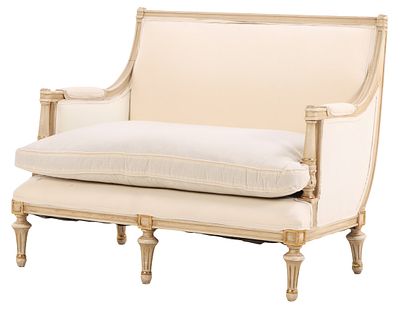 FRENCH LOUIS XVI STYLE PAINTED MARQUIS C 1940 HAVING 5 LEGS AND RECENTLY RECOVERED IN A HEAVY. Fr 