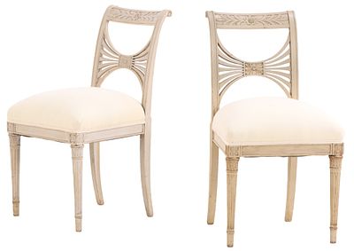 PAIR OF CARVED AND PAINTED REGENCY STYLE SIDECHAIRS C 1910 WITH RECENT FABRIC. Pair of carved 