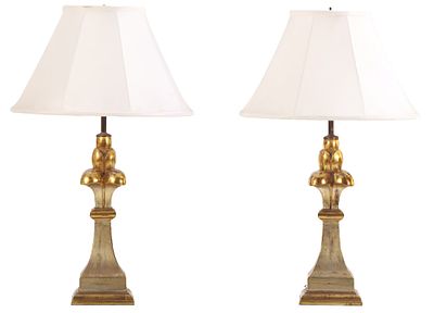 PAIR OF GILTWOOD AND SILVERED TABLE LAMPS WITH SHADES C 1960. Pair of giltwood and silvered 