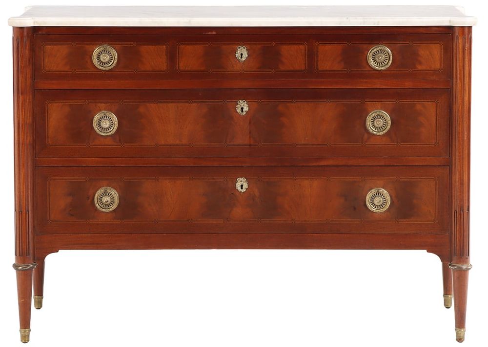 CABINET MADE DIRECTOIRE STYLE MARBLE TOP DRESSER HAVING ROUND LEGS AND CROTCH MAHOGANY DRAWER. Ca 