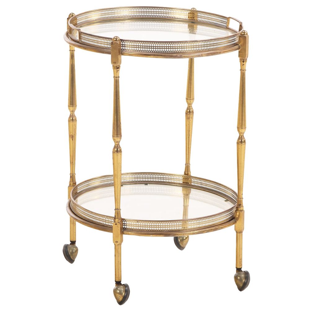 ROUND FRENCH BRASS AND GLASS BAR CART HAVING TWO REMOVABLE SERVING TRAYS C 1970. Round French 