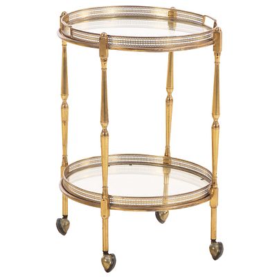ROUND FRENCH BRASS AND GLASS BAR CART HAVING TWO REMOVABLE SERVING TRAYS C 1970. Round French 