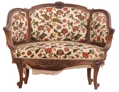 FRENCH CARVED WALNUT CANAPE IN THE LOUIS XV STYLE C 1900. French carved walnut canape in the 