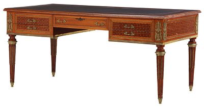 LARGE LOUIS XVI STYLE BRONZE MOUNTED AND INLAID LEATHER TOP WRITING DESK C 1950. Large Louis 