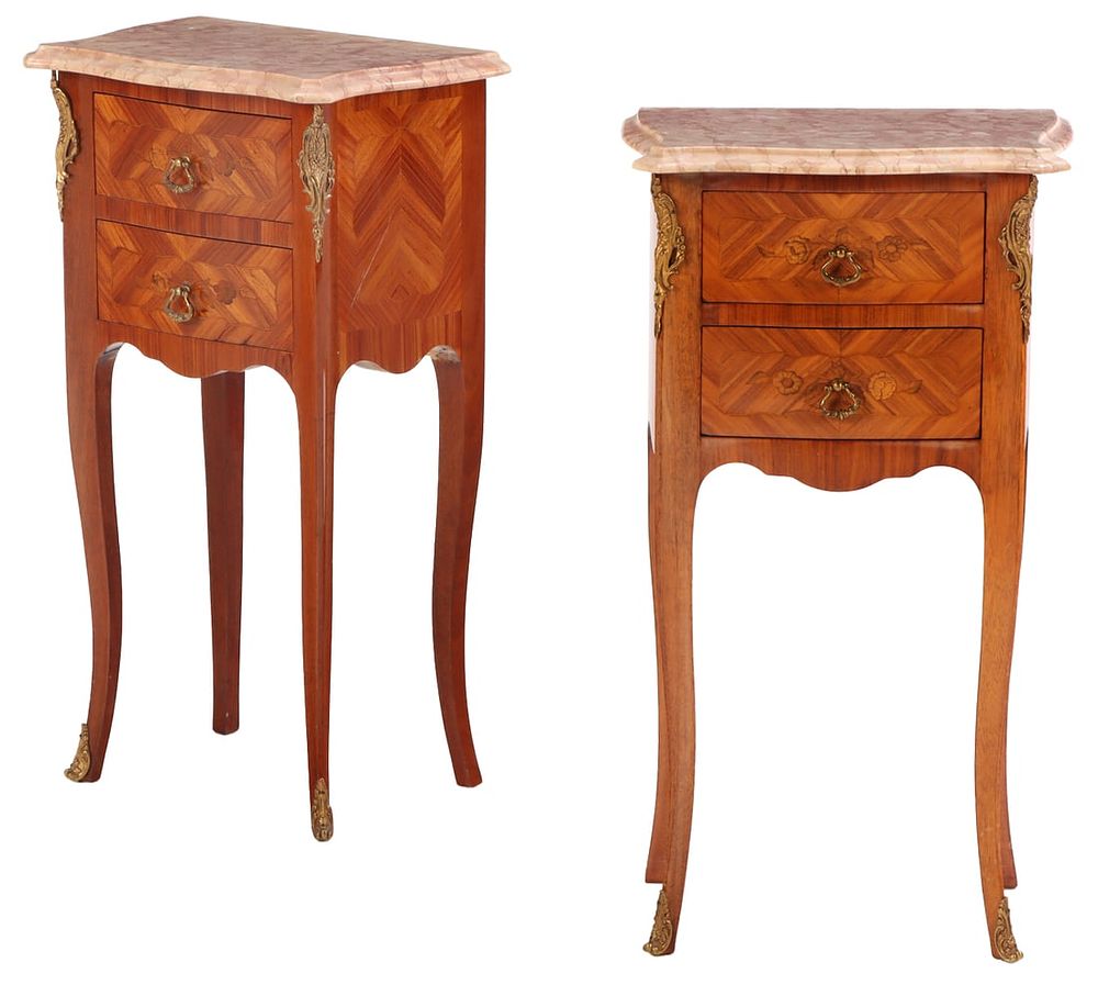 PAIR FRENCH LOUIS XV STYLE BRONZE MOUNTED AND INLAID MARBLE TOP NIGHT STANDS C 1950. Pair 