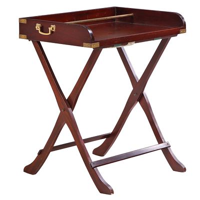 CAMPAIGN STYLE MAHOGANY, GLASS AND BRASS MIXING TABLE C 1950. Campaign style mahogany, glass 