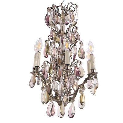 FRENCH FIVE ARM SILVER PLATE CRYSTAL CHANDELIER C 1910. French five arm silver plate crystal 