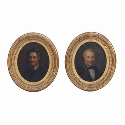 A PAIR OF EUROPEAN SCHOOL OIL ON CANVAS PORTRAIT PAINTINGS IN OVAL GOLD GILT FRAMES C 1880. A 