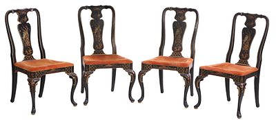 FOUR CHINOISERIE DECORATED QUEEN ANNE STYLE SIDE CHAIRS BY HICKORY. Four Chinoiserie decorated 